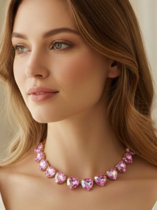 Jewelry - Gold Tone AB Pink Heart Rhinestone Statement necklace